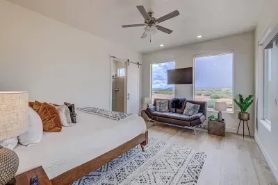 The futon couch folds down into an extra bed if needed. 