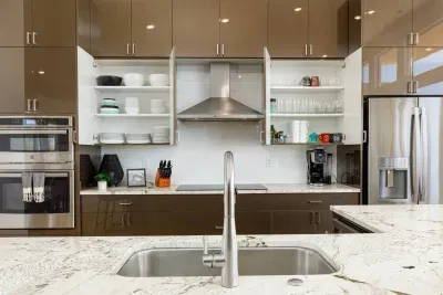 The kitchen is organized and well stocked for large groups. 