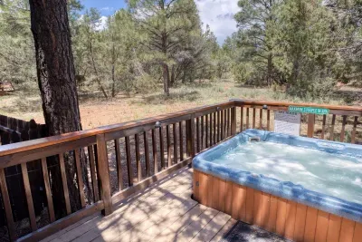 The private hot tub is on the back deck. A great spot to relax and star gaze.