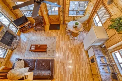 View from loft area. Cozy cabin feel.