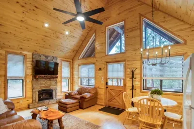 The propane fireplace keeps it cozy and warm. There is a 55" Roku TV that you can log into your own streaming services. 