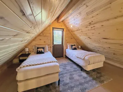 Cozy pine loft with twin beds and woodland-view door