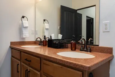 Large vanity with double sinks.