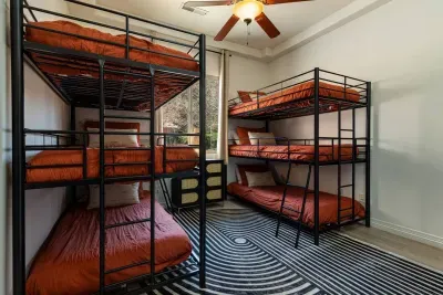 The third bedroom has two triple bunk beds. 