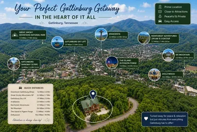 This map is provided as a visual reference for the cabin’s location, drive routes, and estimated travel times. Please note that it is not an exact or to-scale depiction