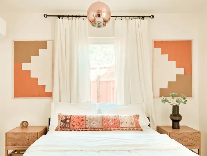 Enjoy a good night's sleep on the Queen bed. Globe light above provides a romantic setting at night.