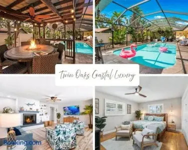 Screened pool, cozy fire table, and bright coastal-style interiors