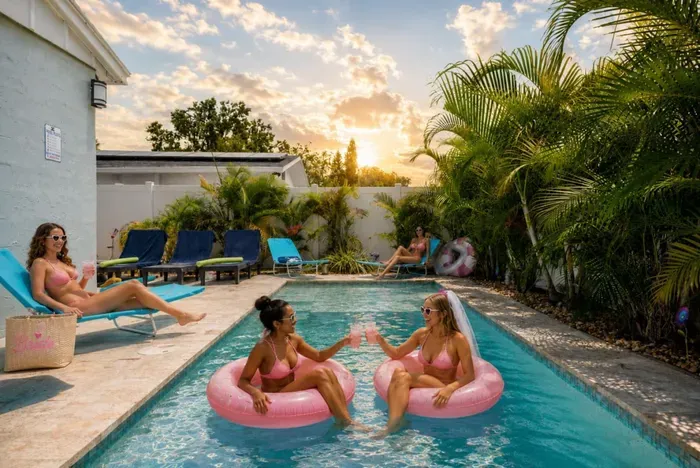 Private year-round pool surrounded by tropical landscaping, loungers, pool toys, and a fully fenced backyard—Private year-round pool surrounded by tropical landscaping, loungers, pool toys, with heating included November through March.