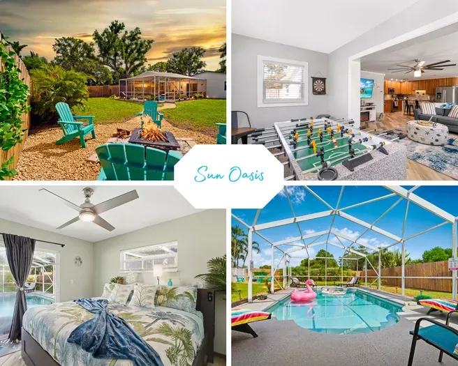 Comfortable coastal living room with two plush sofas, a striped armchair, oversized round ottoman, 65-inch Smart TV, guest book, and easy access to the game room.