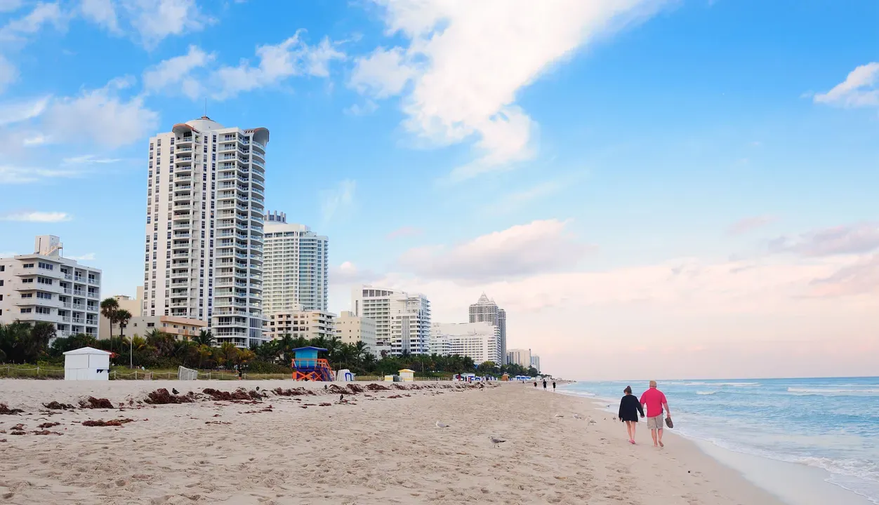 Gulf beach with high-rise hotels along the shore