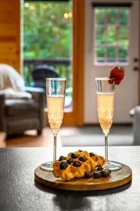 Cozy cabin vibes with bubbly, waffles, and peaceful forest views
