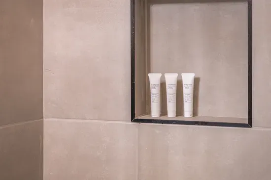 Modern tiled shower niche with upscale toiletries and spa-like style