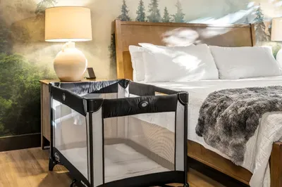 Cozy, family-friendly bedroom with pack-and-play and warm rustic style