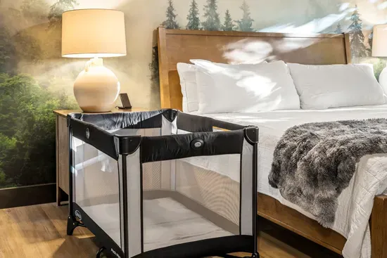 Cozy, family-friendly bedroom with pack-and-play and warm rustic style