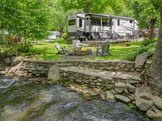 Creekside firepit in the outdoor space