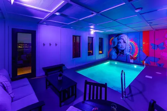 Private indoor pool room with colorful wall murals and ambient lighting for a fun, one-of-a-kind swim experience.