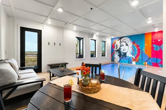 Private indoor pool room with colorful wall murals and ambient lighting for a fun, one-of-a-kind swim experience.