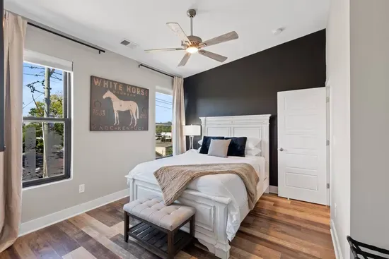 The Horse room comes fully equipped with a Queen size bed with plush bedding, smart tv, walk-in closet with shelving, and ensuite bath.