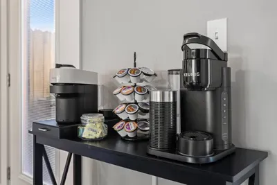 Full coffee bar, including Nespresso machine and Keurig machine. There’s also a traditional drip coffee pot available on property.