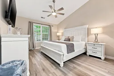 Bright king bedroom with vaulted ceilings, TV, and serene natural light