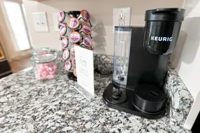 Convenient in-home coffee station with Keurig, pods, and sweet extras