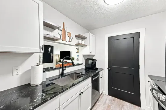 Modern kitchen with sleek black accents and stylish open shelving