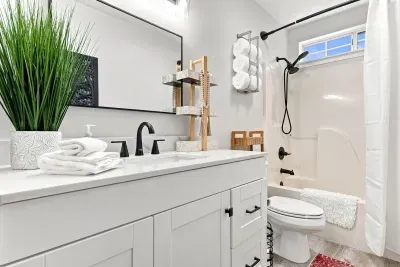 Bright modern bathroom with stylish black fixtures and fresh spa-like touches