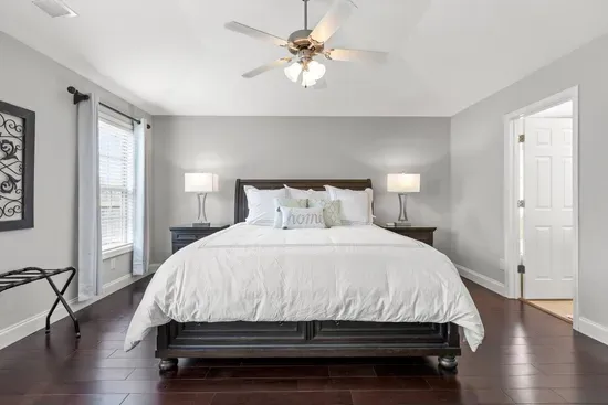 Primary suite includes plenty of dresser drawer space, a walk-in closet, full bath with double vanity. Need extra space for the little one? Pack n Play is in the closet!