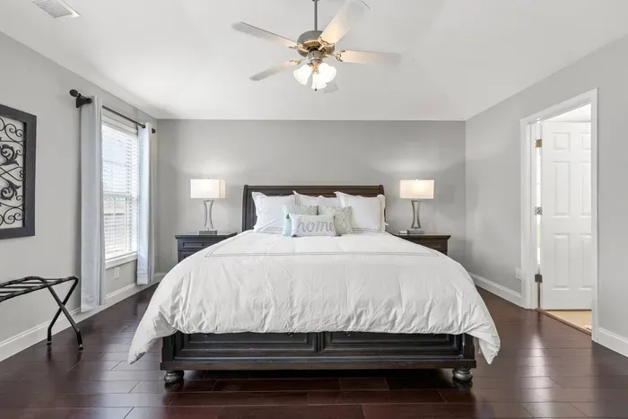 Primary suite includes plenty of dresser drawer space, a walk-in closet, full bath with double vanity. Need extra space for the little one? Pack n Play is in the closet!