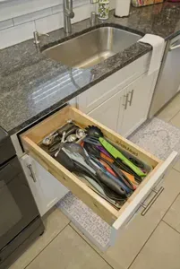 Modern kitchen with stocked utensil drawer and spacious sink