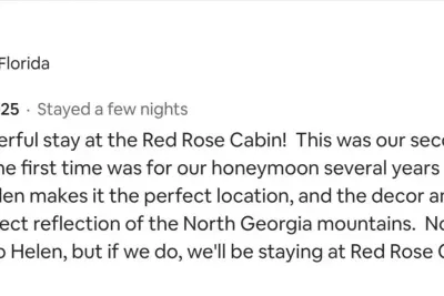 Couples consistently describe Red Rose Cabin as peaceful, cozy, and unforgettable