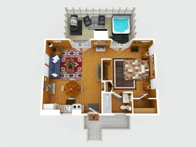 3D Floorplan — See the cozy layout of Deer Ridge Cabin, complete with a king bedroom, open living area, and private screened porch with hot tub.