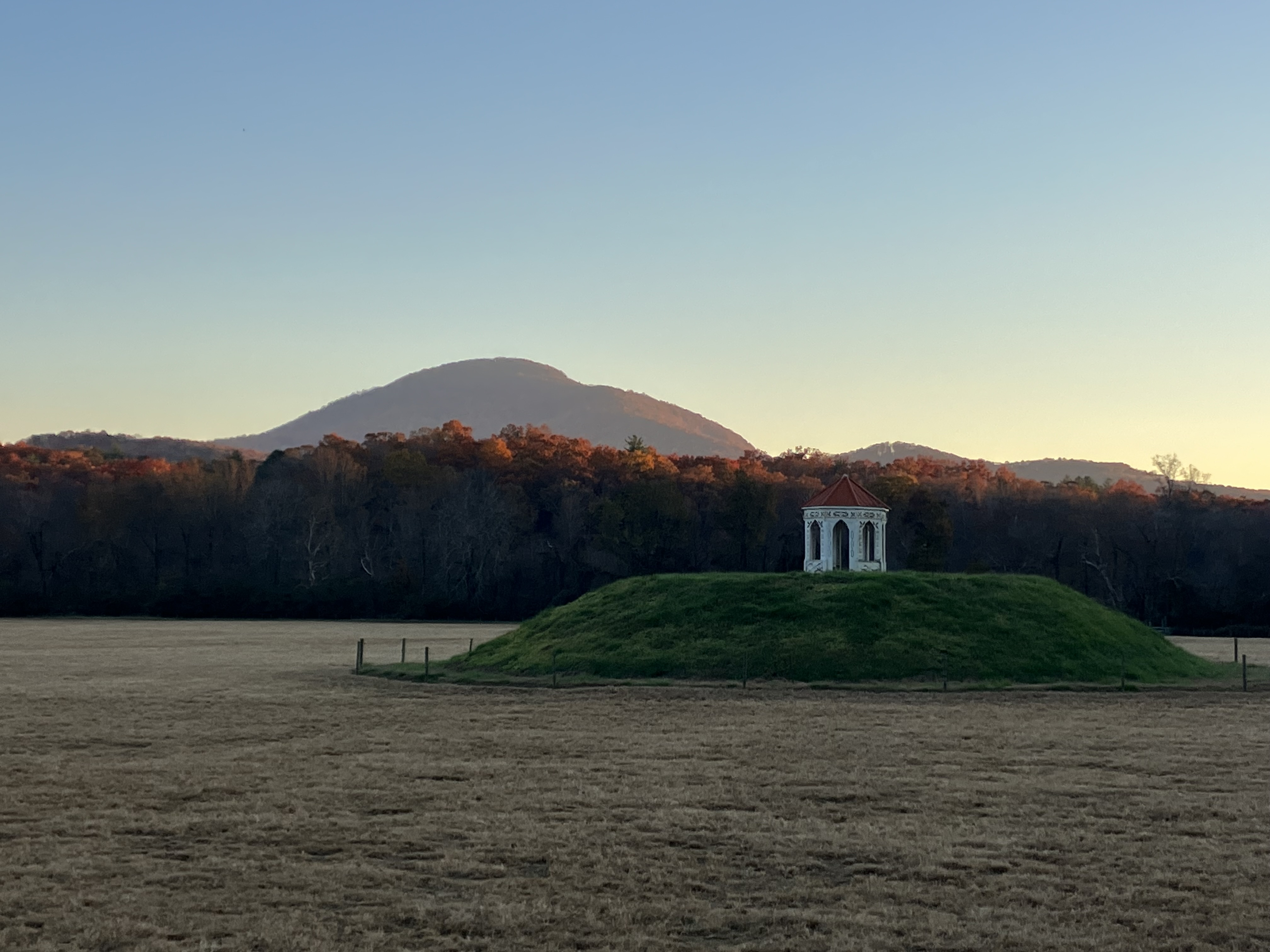 Panoramic view of the historic Nacoochee Mound in Sautee Nacoochee, GA, representing the local heritage of Mountain Rose Vacation Rentals.