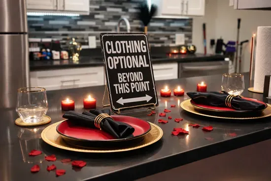 The bar seats two — champagne waiting, music playing, nowhere else to be.