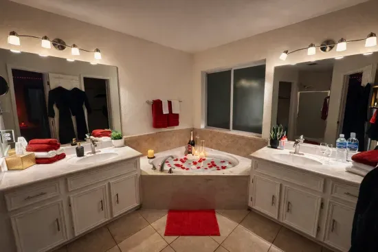 Spa-style bathroom with soaking tub for two — unwind, reset, and stay a little longer.