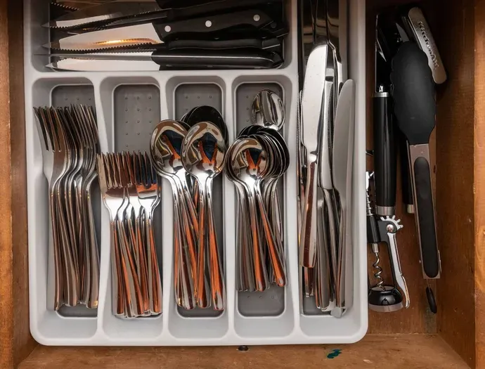 Kitchen utensils and cutlery set for 13 people.
