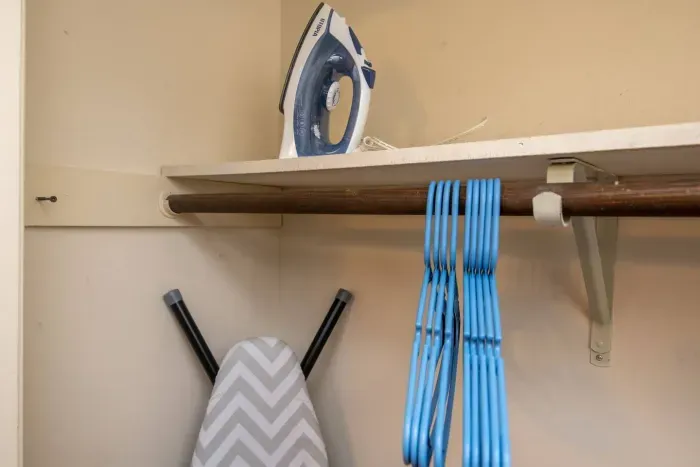 Ironing board, Iron and Hangers can be found in the master bedroom closet.