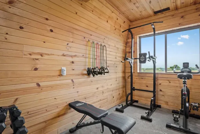 Home Workout Center with free weights, a bench, dip/pullup machine, and a stationary bike, elastic workout bands and workout mirrors