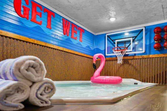 Indoor plunge pool w/ a regulation basketball hoop + pool basketballs, lounge chairs + flamingo float. Right in between the sauna and shower on one side, and the indoor park on the other side, above all of the party shed amenities on the 2nd floor.