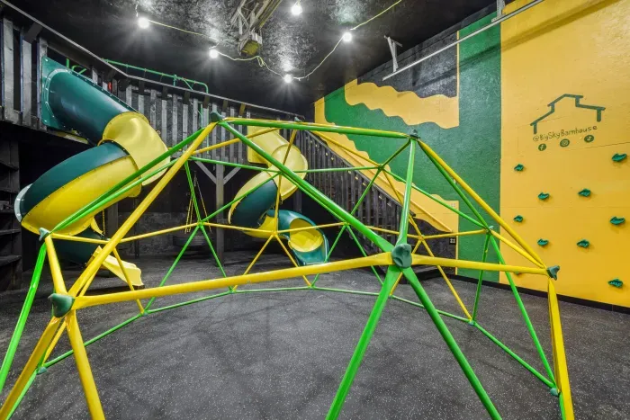 Fully equipped indoor commercial park and playground with 2 tube slides, a hexagon climbing dome, rock climbing wall, 3 tire swings and a 15ft monkey bar installation. Heated and cooled year-round, located in the party shed next to the plunge pool.