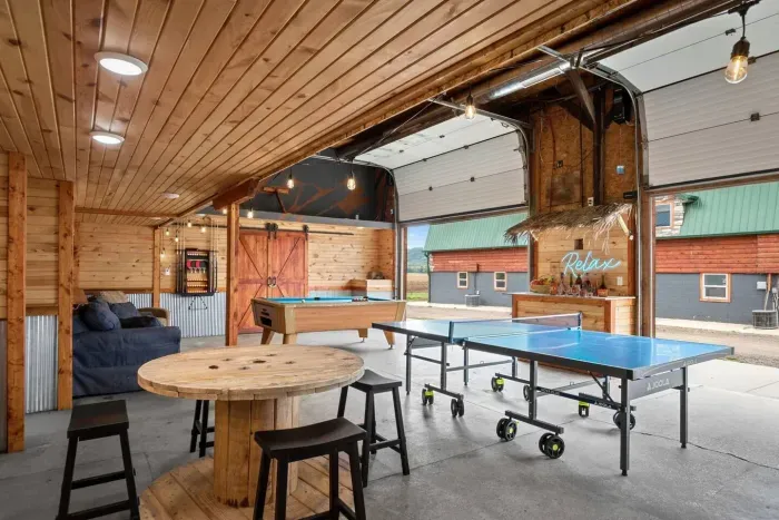 TIKI BAR on the wall between the garage doors and under the TV