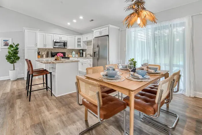 Elegant dining table, chairs and tableware set that accommodates seating for up to 6 people. 