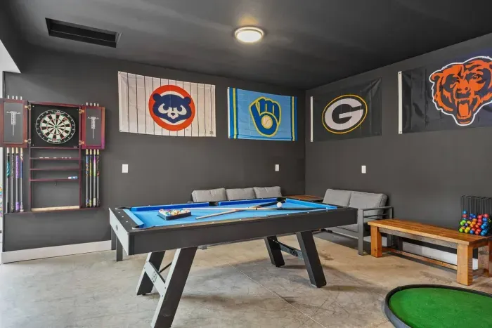 Pool Table with lounge behind the bar and court