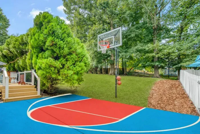 Basketball hoop in the backyard waiting for a game of HORSE!