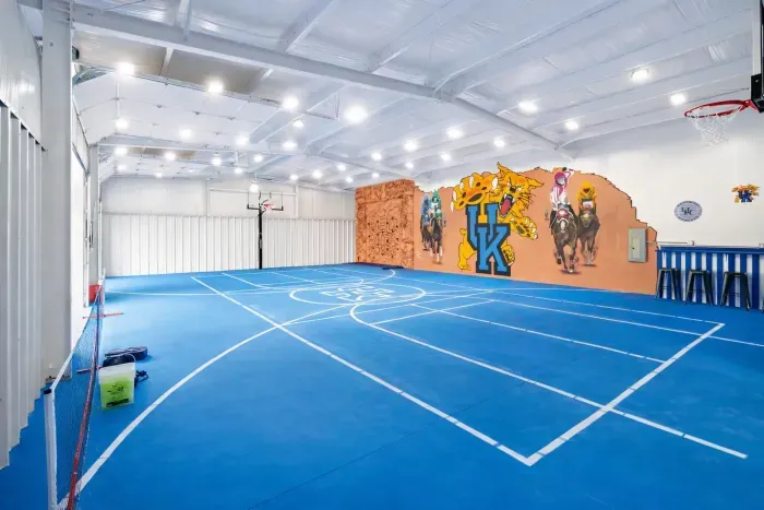 Private indoor multi-sport court with hoops, mural & spectator seating