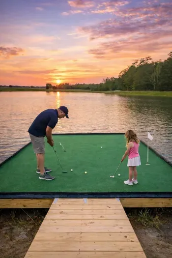Lakeside putting green at sunset—family fun with serene waterfront views.