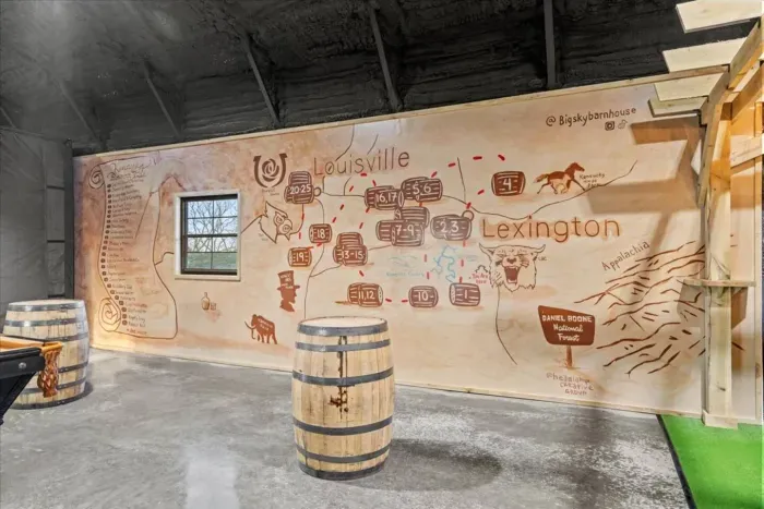 Bourbon Barrel High Tops and Mural Map of The Bourbon Trail