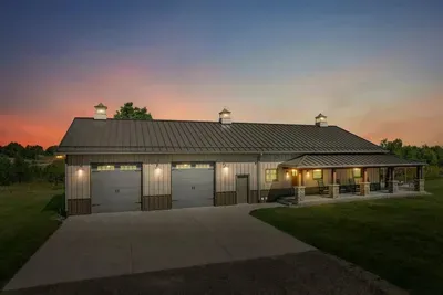 Michigan barnhouse exterior at dusk