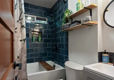 The upstairs bathroom has a lovely soaking tub and is stocked with plush bath towels and organic, eco-conscious bath products. :) Happy skin is a good thing!