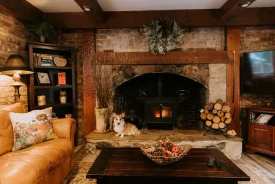 Pretty sure your pup wouldn't mind cozying up by the fire...and the couches are the most comfortable ever, but just for the humans. :)